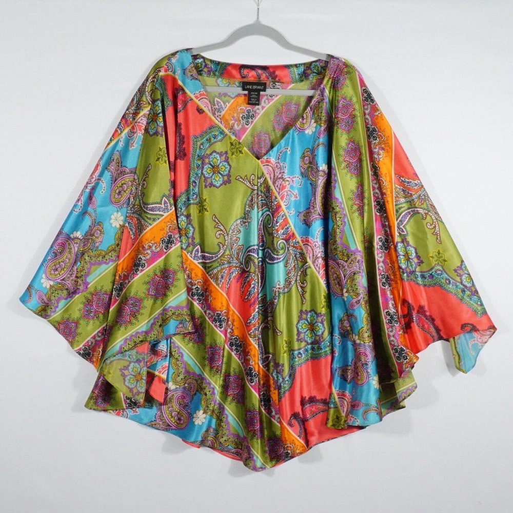Lane Bryant Womens Paisley Poncho Blouse Size 26/28 Colorful Flowy Tunic Top
